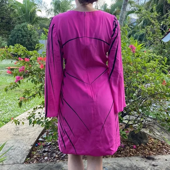 Vintage Pink Black Stripe Long Trumpet Boat Neck Sleeve Knee Length Dress! - Picture 6 of 12